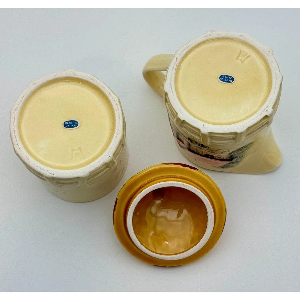 Country Scenery Sugar Creamer Set Marutake Earthenware Japan Vintage Cottagecore